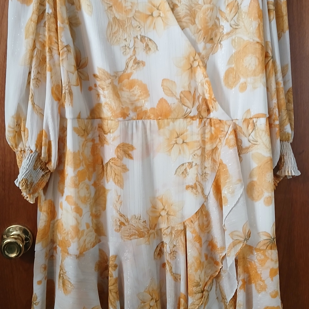 Danny & Nicole Asymmetrical Midi Dress in Ivory/Gold Floral 20W